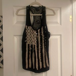 Express black and cream American Flag lace back tank top with sequin detail.